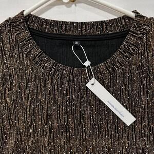 QIXING Women’s XL Metallic Gold & Black Long Sleeve Top Drawstring Waist Stretch